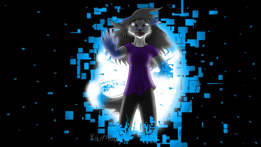 anthro backlighting blue_markings bottomwear cheek_tuft claws clothed clothing countershading dematerialization ears_back facial_tuft female fully_clothed grey_body grey_hair hair light looking_at_viewer markings pants pivoted_ears pixelated portal purple_clothing purple_shirt purple_topwear sad shirt solo topwear tuft yoga_pants kinipshun canid canine fox mammal 16:9 absurd_res alpha_channel hi_res lighting widescreen