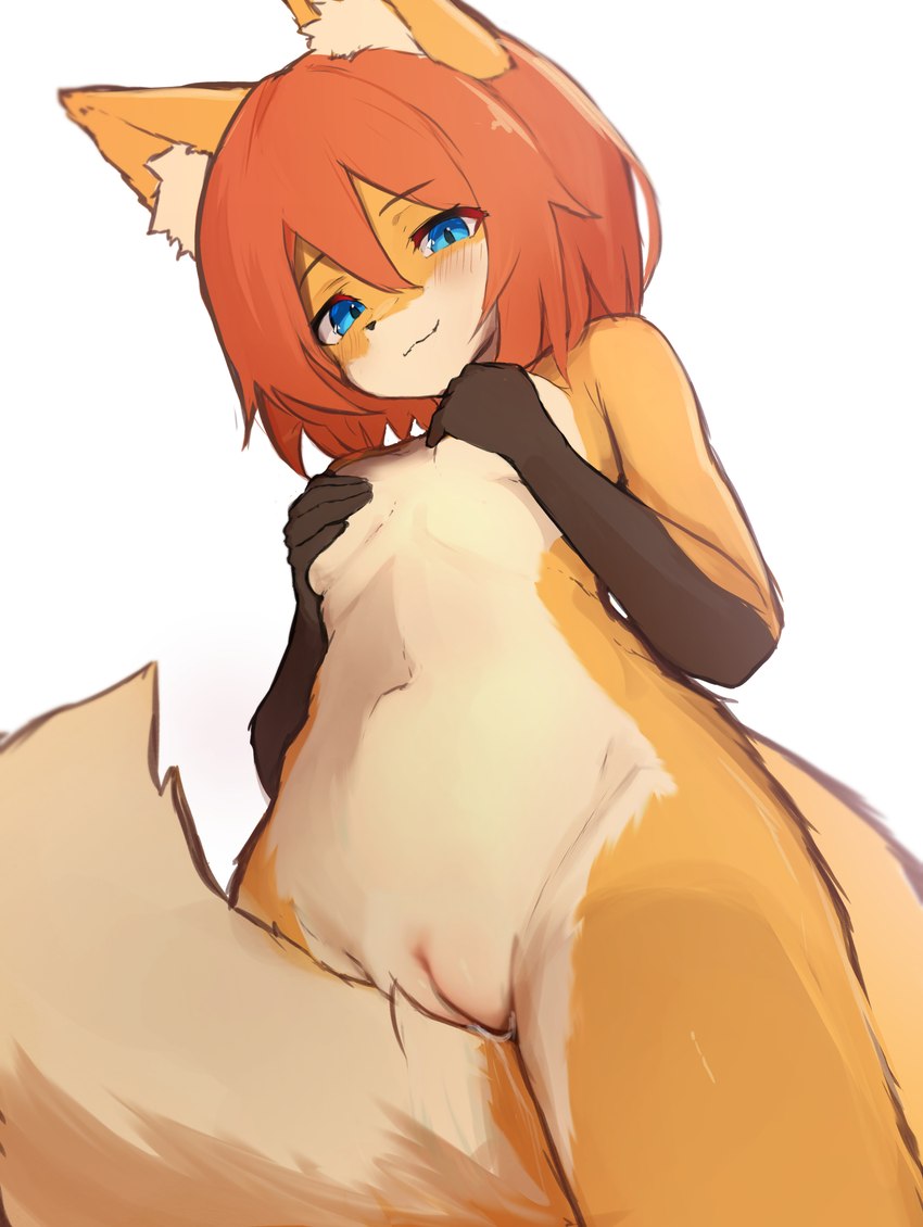 anthro blue_eyes blush blush_lines bodily_fluids breast_grab breasts brown_hands countershade_face countershade_torso countershading covering covering_breasts eyebrow_through_hair eyebrows female fluffy fluffy_tail front_view fur genital_fluids genitals hair hand_on_breast inner_ear_fluff kemono looking_at_viewer low-angle_view navel nude orange_body orange_fur orange_hair orange_tail pussy short_hair simple_background small_breasts smile smiling_at_viewer solo tail translucent translucent_hair tuft vaginal_fluids lilkon yumi_(lilkon) canid canine fox mammal 2025 absurd_res hi_res