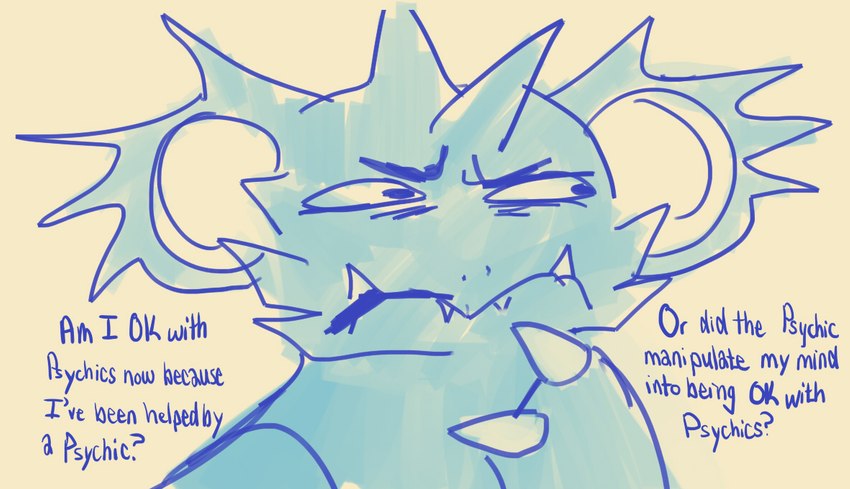 anthro asking asking_self blue_body claws dialogue humor male question questioning solo spikes spikes_(anatomy) text thinking thoughtful_expression yes-no_question grimart nintendo pokemon tini_(grimart) generation_1_pokemon nidoking pokemon_(species) shiny_pokemon 2022 english_text sketch