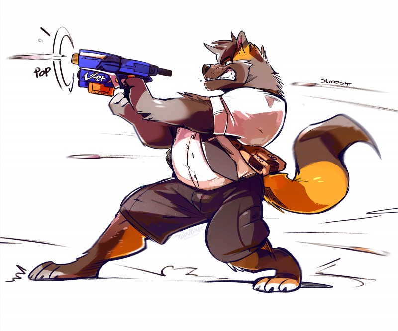 anthro claws clothed clothing fur gun male ranged_weapon solo weapon super-tuler canid canine mammal 2016 6:5 hi_res