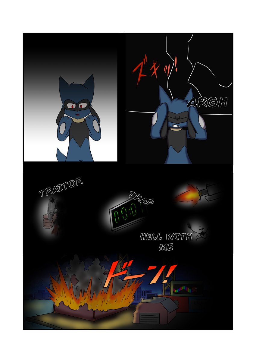 3_panel_comic ambiguous_gender anthro beard biped black_text blue_body blue_fur blue_tail border building city dialogue exclamation_point explosion eyes_closed facial_hair fingers fire fur gun hand_on_head holding_gun holding_object holding_ranged_weapon holding_weapon laws male open_mouth outside ranged_weapon red_eyes shooting smoke solo standing tail text timer tongue weapon white_border white_sclera novaarts nintendo pokemon pokemon_mystery_dungeon spike_chunsoft generation_4_pokemon human mammal pokemon_(species) riolu 2024 absurd_res comic digital_media_(artwork) english_text hi_res japanese_text translation_request male_(lore)