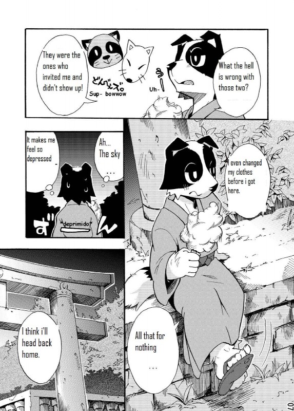 anthro asian_clothing clothed clothing dialogue dipstick_tail east_asian_clothing footwear japanese_clothing male markings solo tail tail_markings text torii yukata zori harusuke canid canine canis domestic_dog mammal comic english_text greyscale hi_res japanese_text monochrome