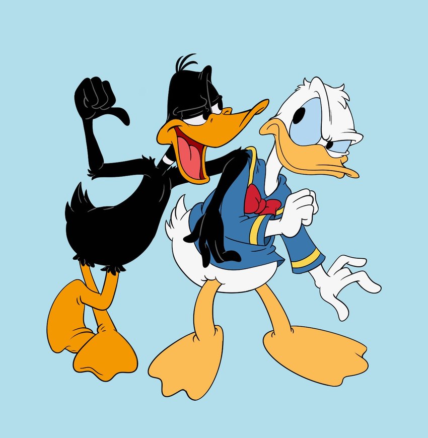 annoyed anthro beak black_body black_feathers bottomless clothed clothing duo eye_contact feathers looking_at_another male open_mouth simple_background yellow_beak scottforester17 disney looney_tunes warner_brothers daffy_duck donald_duck anatid anseriform avian bird duck crossover hi_res