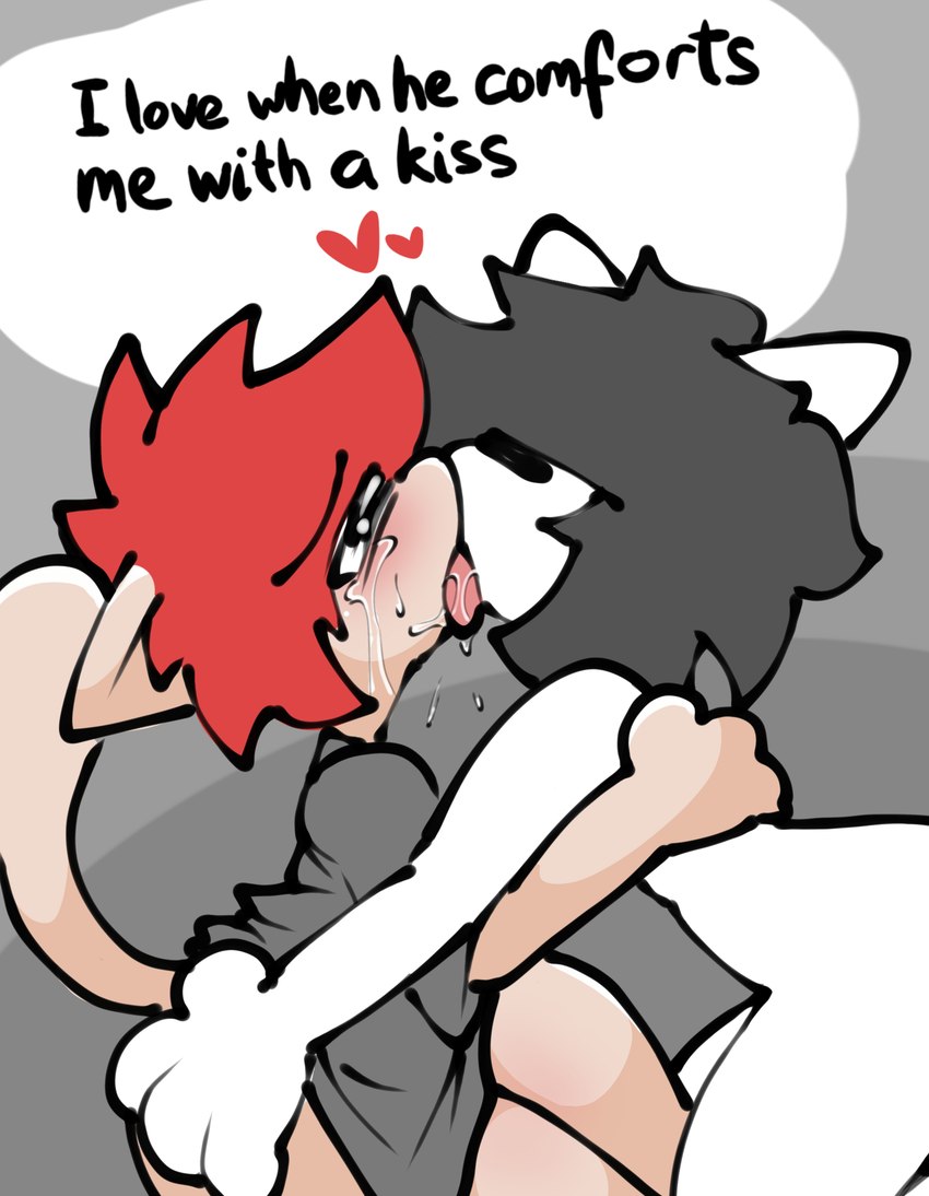 anthro bodily_fluids clothed clothing crying drooling duo french_kissing grey_background grey_clothing grey_hair grey_shirt grey_topwear hair half_naked hand_on_butt heart_symbol hug hugging_another kissing male male/male nude red_hair saliva saliva_on_tongue shirt simple_background simple_coloring tears text topwear white_body borocore domestic_cat felid feline felis mammal english_text hi_res