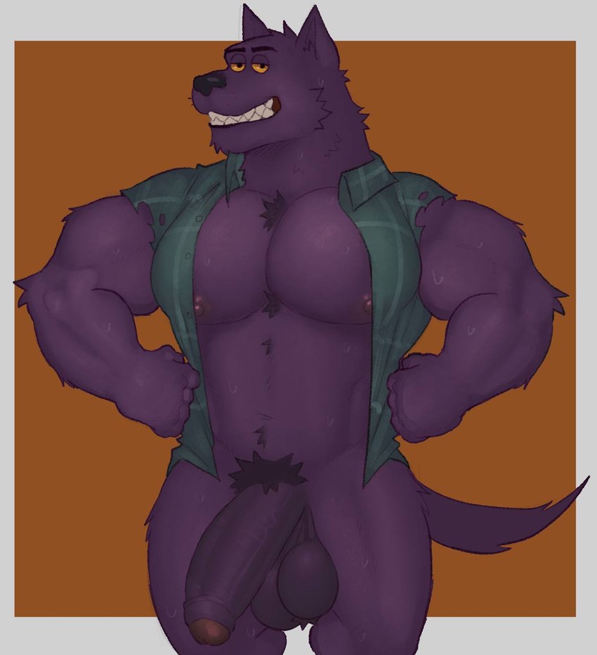 abs anthro balls bedroom_eyes big_balls big_penis bodily_fluids body_hair bottomless butt chest_hair chest_tuft clothed clothing erection flannel flannel_shirt foreskin fur genitals hands_on_hips humanoid_genitalia humanoid_penis looking_at_viewer male male_anthro mature_male mostly_nude mostly_nude_anthro mostly_nude_male muscular muscular_anthro muscular_male narrowed_eyes nipples open_clothing open_shirt open_topwear pecs penis pubes pubic_mound purple_body purple_fur purple_nipples saggy_balls seductive shirt shirt_only simple_background smile smiling_at_viewer solo sweat topwear topwear_only tuft vein veiny_penis fleshformomo cartoon_network mythology ok_k.o.!_let's_be_heroes bernard_(ok_k.o.!_lbh) canid canine canis mammal mythological_canine mythological_creature werecanid werecanine werecreature werewolf wolf hi_res