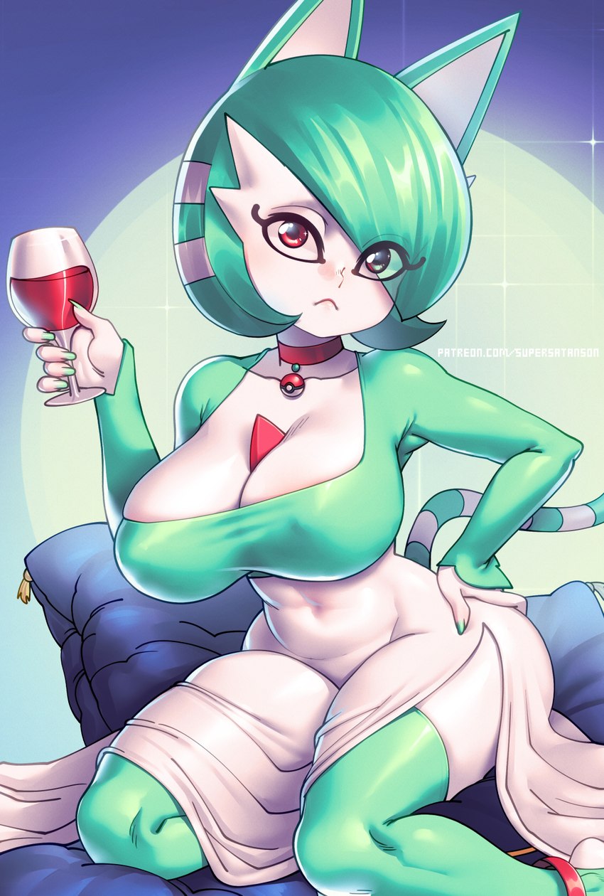 alcohol beverage big_breasts breasts cleavage clothed clothing female hair hair_over_eye holding_beverage holding_object one_eye_obstructed solo wide_hips wine supersatanson animal_crossing nintendo pokemon ankha_(animal_crossing) animal_humanoid felid felid_humanoid feline feline_humanoid gardevoir generation_3_pokemon humanoid hybrid mammal mammal_humanoid pokemon_(species) hi_res