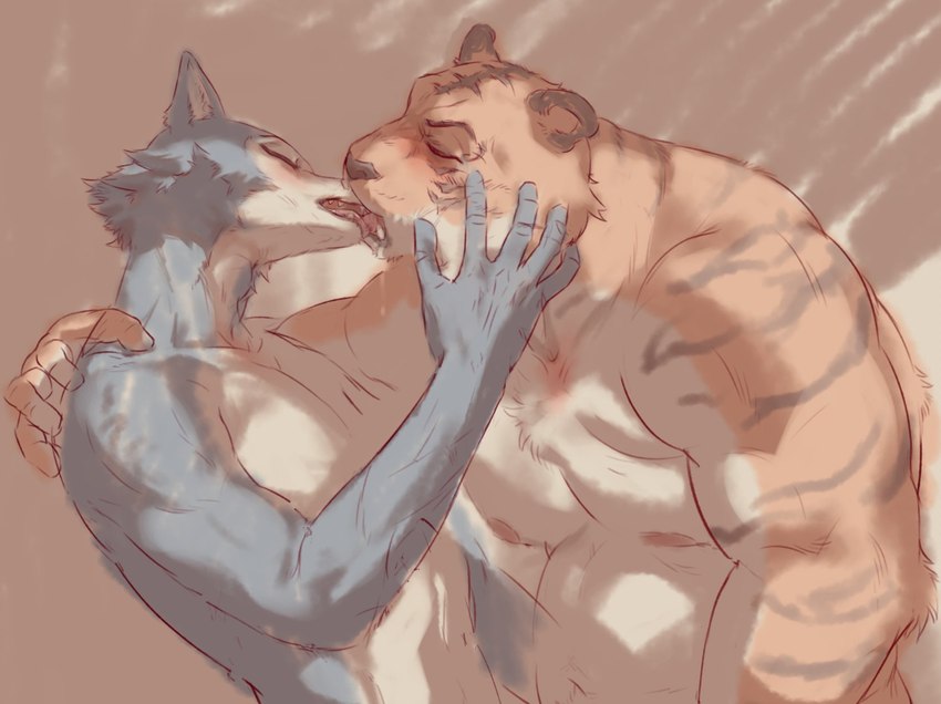 anthro blush bodily_fluids duo eyes_closed french_kissing from_side fur kissing male male/male muscular muscular_male nipples nude nude_anthro nude_male pecs saliva saliva_on_tongue saliva_string slightly_chubby striped_body striped_fur stripes tongue tongue_out white_body white_fur sadness_hao beastars bill_(beastars) legoshi_(beastars) canid canine canis felid mammal pantherine tiger wolf comic hi_res