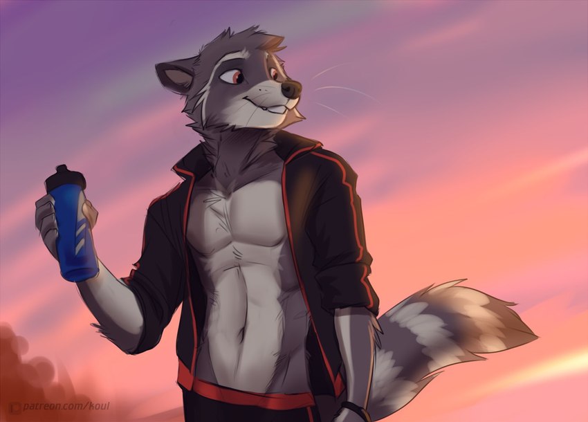 anthro athletic athletic_male clothed clothing male open_clothing open_shirt open_topwear shirt solo tail topwear koul max_the_raccoon mammal procyonid raccoon 2021