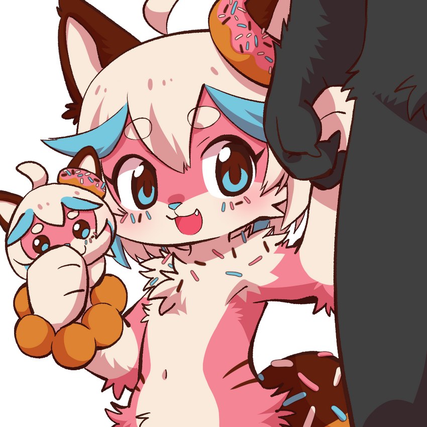 anthro dessert doughnut duo food fur hand_holding holding_object kemono kidnapping male pastry pink_body pink_fur sprinkles zorodora donut_(misterdonut) canid canine canis domestic_dog food_creature mammal sprinkledog 1:1