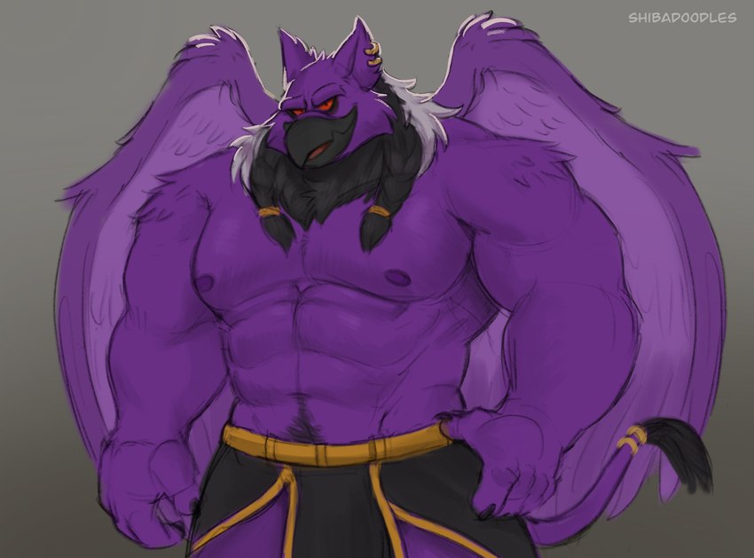 abs anthro beak biceps big_muscles biped ear_piercing ear_ring feathered_wings feathers logo looking_at_viewer male male_anthro monotone_body mostly_nude muscular muscular_anthro muscular_male nipples pecs piercing purple_body purple_feathers red_eyes red_sclera ring_piercing seductive solo standing tail wings shibadoodles mythology neopets lord_kass avian darigan_neopet eyrie_(neopets) gryphon mythological_avian mythological_creature neopet_(species) hi_res