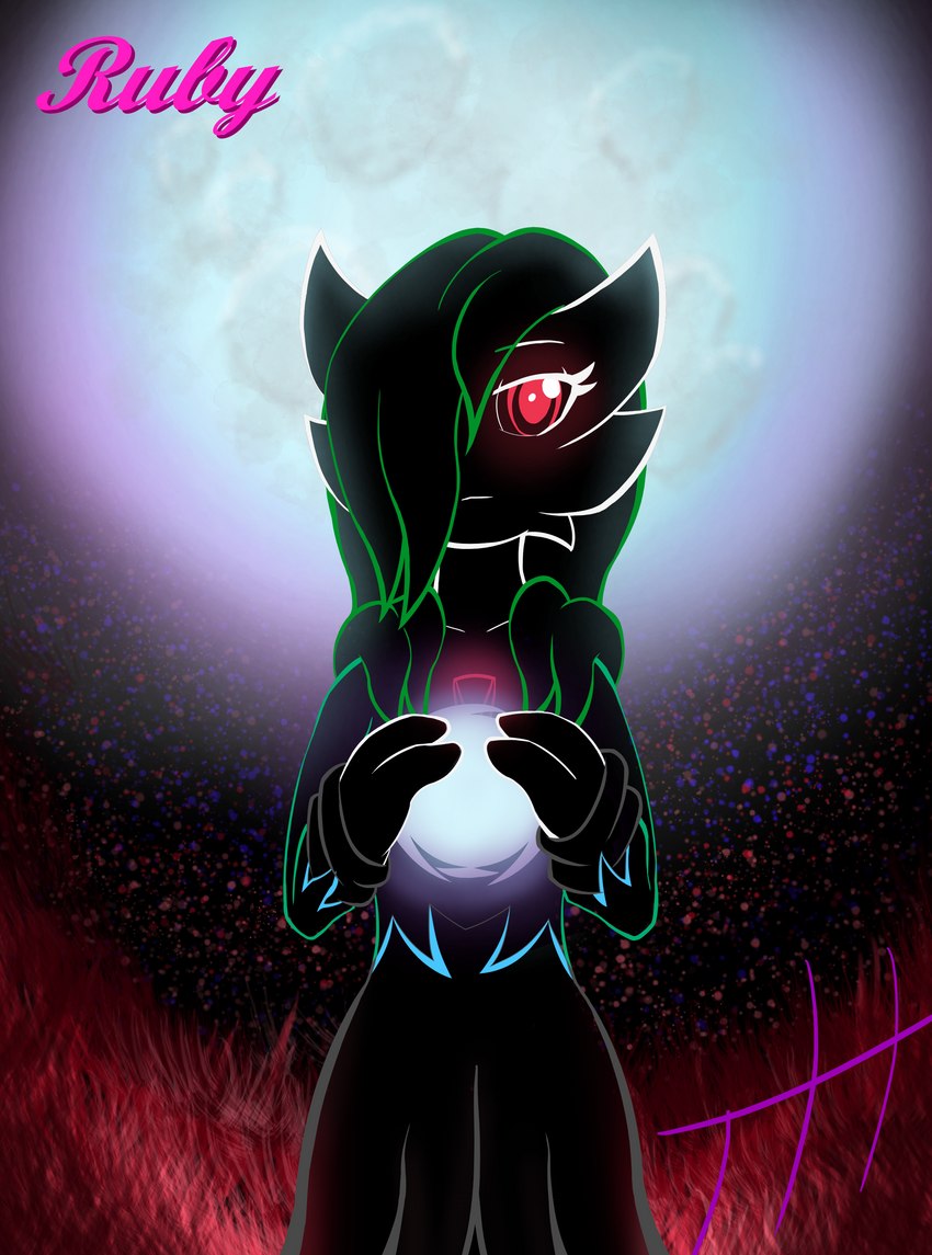 3_fingers ball female fingers hair hair_over_eye holding_ball holding_object moon_ball one_eye_obstructed pokeball psychic_powers red_eyes shadow_ball silhouette simple_background solo text ghostth39 nintendo pokemon ruby_(ghostth39) gardevoir generation_3_pokemon pokemon_(species) 2022 absurd_res english_text hi_res signature