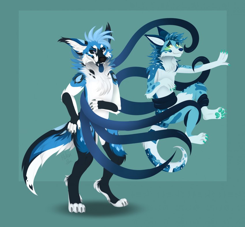 anthro duo holding_character male male/male tail tentacles helensan mythology atlys canid canine canis domestic_dog domestic_ferret dragon fox hybrid mammal mustelid musteline mythological_creature mythological_scalie scalie true_musteline weasel wolf duke_(disambiguation) digital_media_(artwork) lineless shaded soft_shading