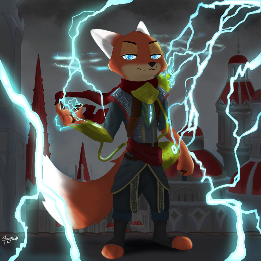 anthro blue_eyes electricity electricity_manipulation elemental_manipulation fur lightning magic male orange_body orange_fur ravnica solo storm knoton13 bad_guy_cafe hasbro magic:_the_gathering wizards_of_the_coast planeswalker ral_zarek ziegelzeig_zoona canid canine fox mammal 1:1 crossover hi_res