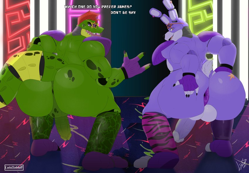 anthro anus backsack balls big_butt butt clothing duo eyewear fingerless_gloves genitals glasses gloves green_body hair hand_on_butt hand_on_own_butt handwear machine male mohawk penis purple_body rear_view red_hair take_your_pick text luisdawolf five_nights_at_freddy's five_nights_at_freddy's:_security_breach scottgames steel_wool_studios bonnie_(fnaf) montgomery_gator alligator alligatorid animatronic crocodilian lagomorph leporid mammal rabbit reptile robot scalie absurd_res english_text hi_res