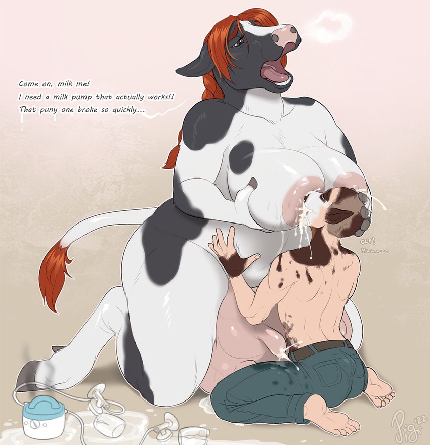 anthro areola belly belly_grab big_areola big_breasts big_teats big_udders bodily_fluids breast_grab breast_play breast_suck breastfeeding breasts breasts_and_teats cleavage clothed clothing dewclaw_hooves duo female growth hand_on_breast hooves huge_breasts interspecies kneeling lactating larger_female looking_pleasured male male/female mid_transformation milk milking_request nipple_fetish nipple_play nipple_suck nipples open_mouth size_difference slightly_chubby smaller_male sucking tail tail_growth tail_tenting teats text thick_thighs transformation udders wide_hips pig_(artist) bovid bovine cattle holstein_friesian_cattle human mammal 2022 english_text hi_res