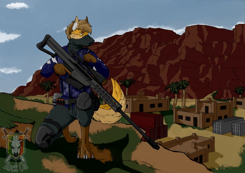 anthro barrett_m82 clothed clothing detailed_background female gun military ranged_weapon rifle solo weapon rockonvelzmor canid canine canis mammal wolf absurd_res hi_res