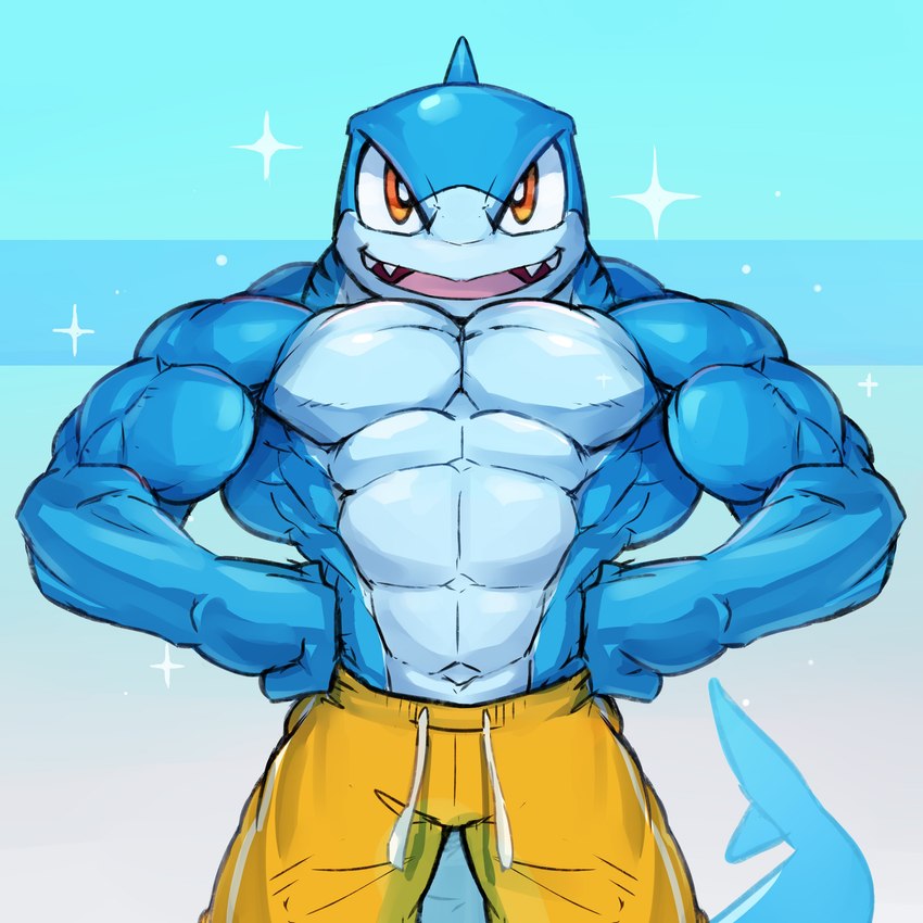 abs anthro athletic biceps big_muscles blue_background blue_body clothing countershading deltoids forearms hands_on_hips male muscular pecs simple_background solo tail white_body white_countershading yellow_clothing waddledox mako_(plain_white) fish mackerel_shark mako_shark marine shark white_shark 1:1 absurd_res hi_res