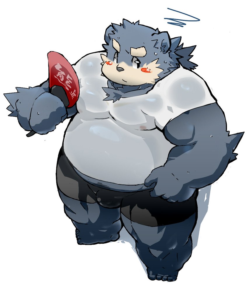 anthro balls_outline belly big_belly blush bodily_fluids bottomwear bulge clothing detailed_bulge genital_outline humanoid_hands kemono male overweight overweight_male shirt shorts solo sweat topwear kisukemk777 bear mammal 2013