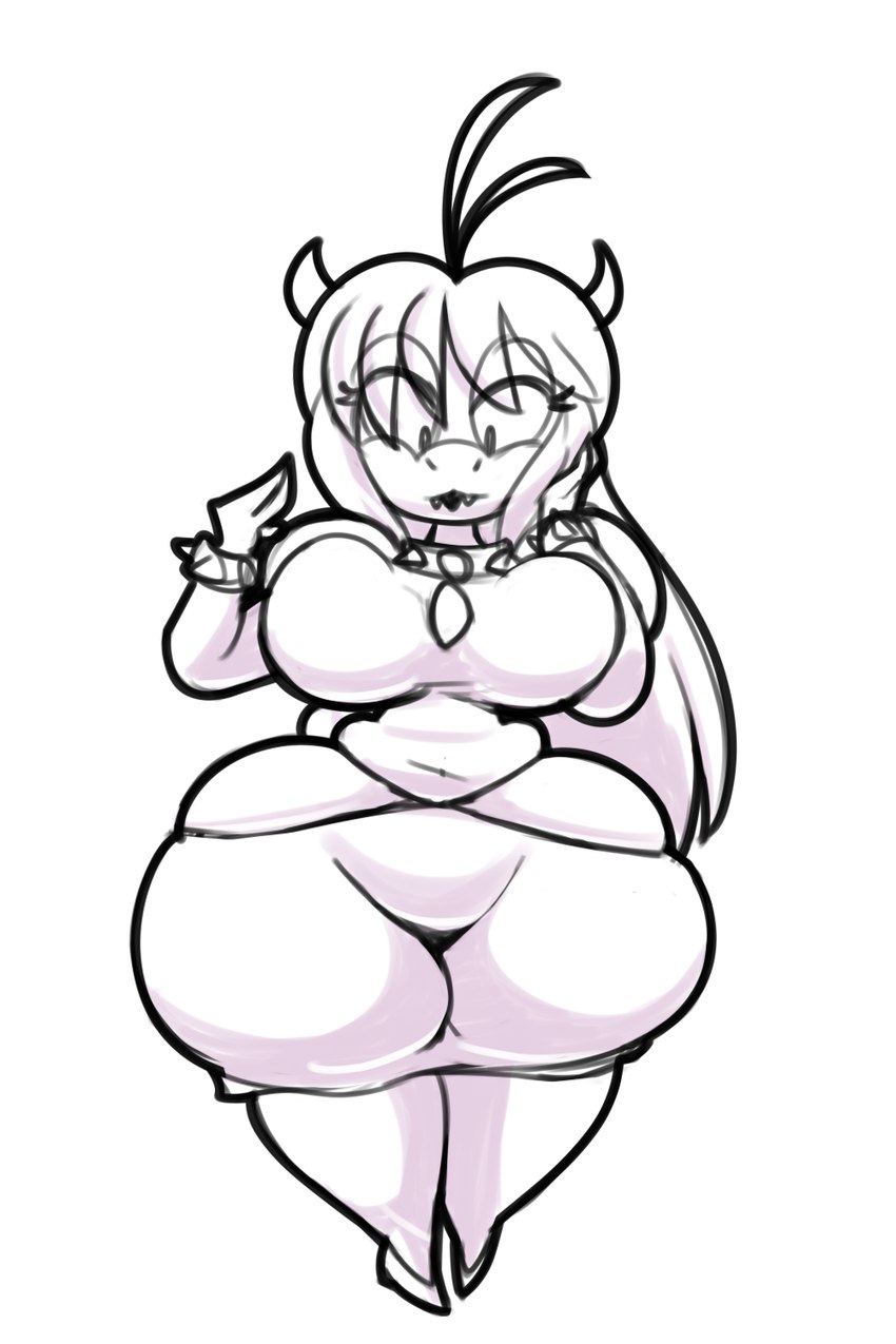 2_horns ahoge anthro big_breasts bracelet breasts clothing collar curved_horn curvy_figure eye_through_hair eyelashes eyelashes_through_hair fangs female female_anthro hair hime_cut horn hourglass_figure huge_thighs jewelry long_hair looking_at_self looking_down navel non-mammal_breasts open_:3 pumps short_horn simple_background small_horn solo spiked_bracelet spiked_collar spikes straight_hair teeth thick_thighs tight_clothing translucent translucent_hair white_background wide_hips maddeku mario_bros nintendo koopa scalie 2019 digital_drawing_(artwork) digital_media_(artwork) greyscale hi_res monochrome shaded sketch