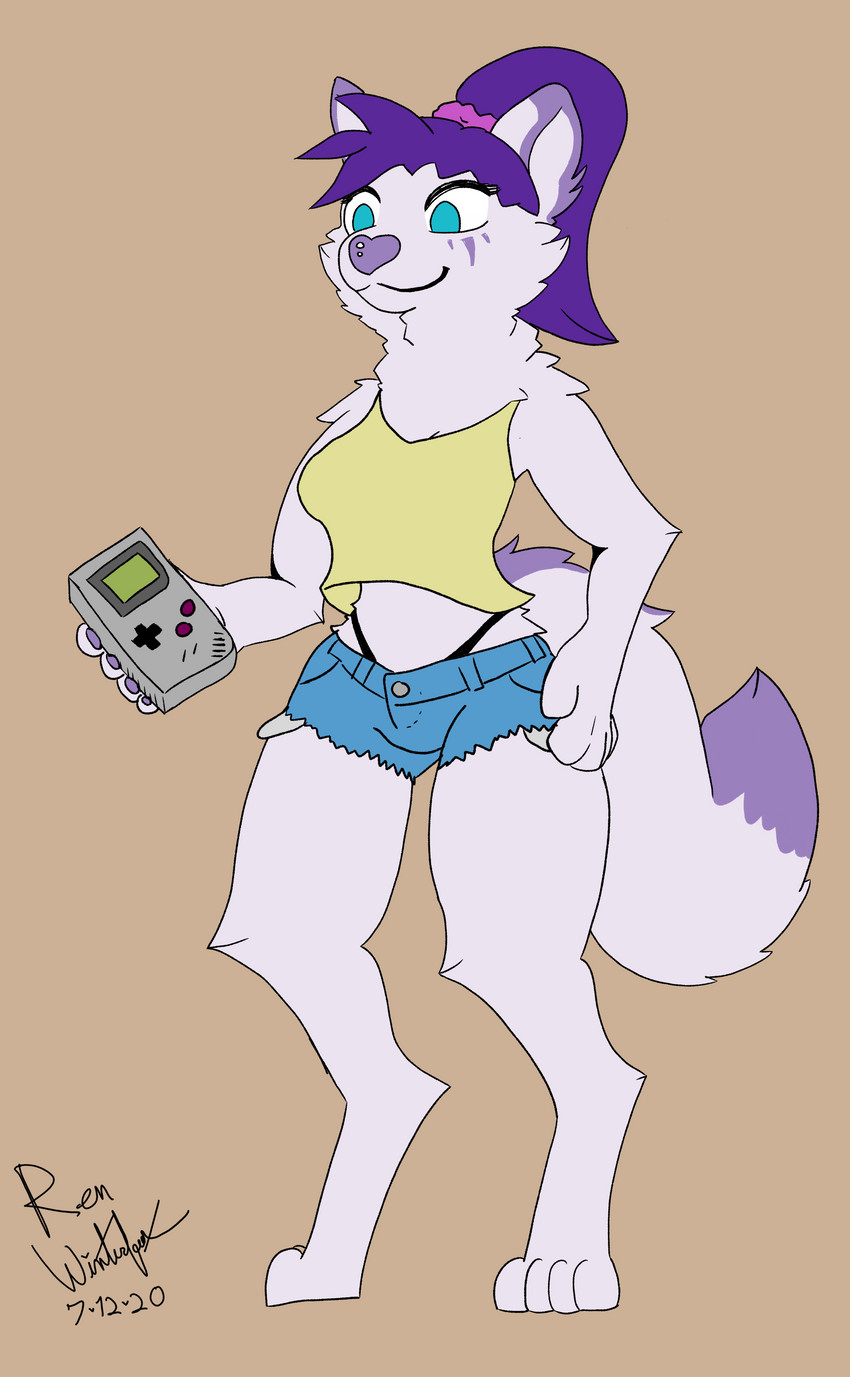 anthro arms_bent biped blue_eyes bottomwear breasts clothed clothing crop_top cutoffs daisy_dukes denim denim_bottomwear denim_clothing electronics female fur fur_tuft game_boy_console game_console hair handheld handheld_console holding_console holding_game_boy holding_object hotpants midriff nintendo_console ponytail purple_body purple_fur purple_hair shirt shorts simple_background smile solo standing thigh_gap topwear tuft white_body white_fur ren_winterfox_(artist) game_boy game_boy_family nintendo ren_winterfox_(character) canid canine fox mammal 2020 absurd_res hi_res