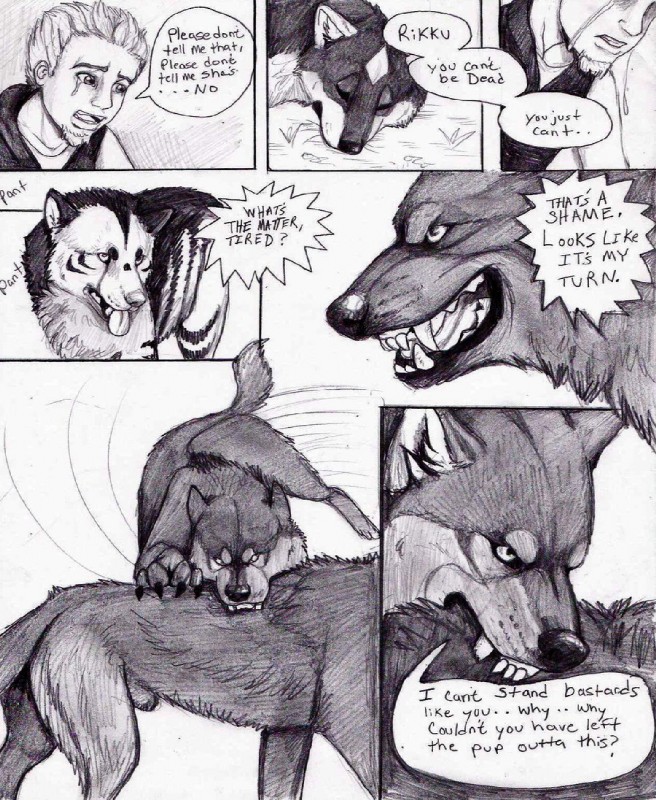 animal_genitalia dialogue digitigrade female feral fully_sheathed genitals group male profanity quadruped sheath tail text natsumewolf rikku wolf's_rain wolf's_rain_next_generation coop_(wrng) lord_darcia_iii natsume_(wrng) oz_(wrng) canid canine canis mammal wolf comic english_text greyscale monochrome