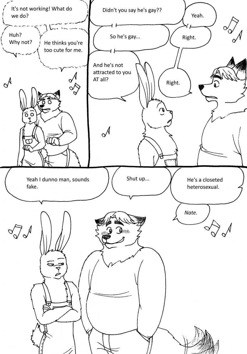 anthro belly blush bottomwear clothing dialogue overalls pants shirt text topwear bernielover disney zootopia fan_character gideon_grey nate_hopps canid canine fox lagomorph leporid mammal rabbit red_fox true_fox 2023 comic english_text hi_res monochrome