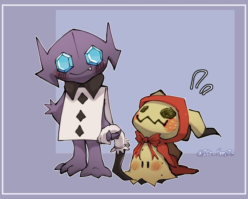 ambiguous_gender blue_border blush border clothing duo eyelashes hand_holding holidays purple_body simple_background smile itz_smi73 halloween nintendo pokemon generation_3_pokemon generation_7_pokemon mimikyu pokemon_(species) sableye 5:4