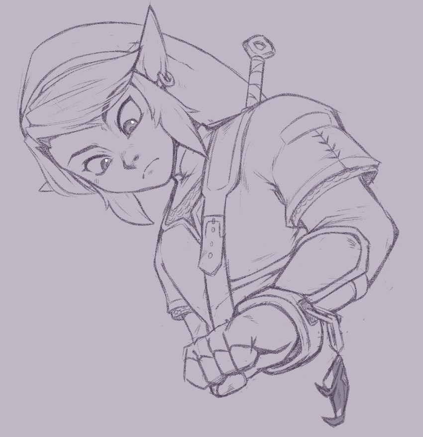 bracelet clothed clothing ear_piercing ear_ring frown humanoid_pointy_ears jewelry male not_furry piercing pointy_ears ring_piercing simple_background solo bandlebro nintendo the_legend_of_zelda link humanoid hylian greyscale hi_res monochrome sketch