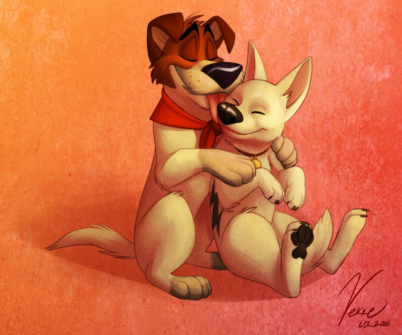 blush brown_body brown_fur collar cuddling duo eyes_closed feral fur heart_symbol hug male male/male pawpads paws simple_background smile tongue tongue_out white_body white_fur vekke bolt_(film) disney oliver_and_company bolt_(bolt) dodger_(disney) canid canine canis domestic_dog german_shepherd herding_dog hunting_dog jack_russell_terrier mammal pastoral_dog terrier 2010 absurd_res hi_res