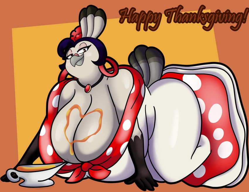 all_fours anthro beak bedroom_eyes big_breasts breasts cleavage clothed clothing dress ear_piercing ear_ring female gravy gravy_boat heart_symbol holidays huge_breasts jewelry looking_at_viewer narrowed_eyes necklace piercing ring_piercing seductive solo text someth1ngoranother la_pavita_pechugona thanksgiving pavita_pechugona avian bird galliform phasianid turkey absurd_res english_text hi_res