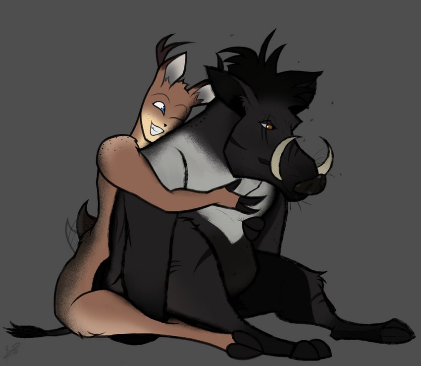 animal_genitalia anthro antlers balls barely_visible_balls barely_visible_genitalia bite_mark bite_mark_on_neck black_body black_fur black_hair black_markings blue_eyes brown_body brown_fur brown_markings contemplative dark_body dark_fur duo femboy flies_for_smell fur genitals hair happy hooves horn hug male male/male markings neck_torture orange_eyes scar sheath slightly_chubby slim spots tail tail_motion tailwag tan_body tan_markings tusks whiskers white_body white_fur yellow_body yellow_fur yellow_markings davespaceman arthropod cervine deer fly_(animal) insect mammal suid suina warthog hi_res