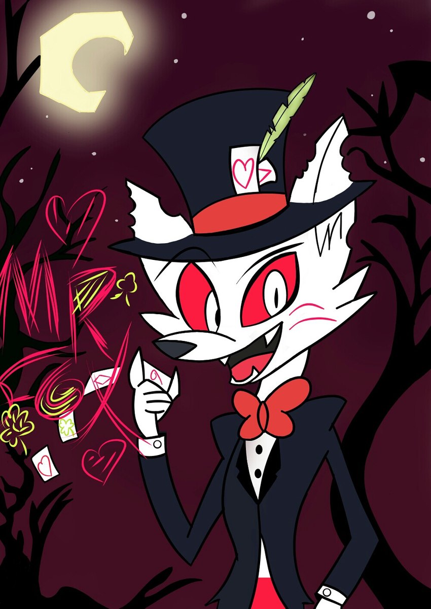 clothing elegant hat headgear headwear light moon moonlight night poker_cards solo star top_hat mrfoxluck helluva_boss fan_character mr._fox_harth_(take_your_luck) arctic_fox canid canid_demon canine demon fox mammal true_fox hi_res