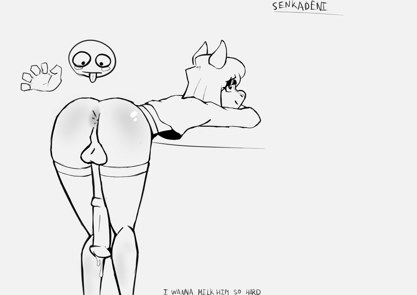 anthro balls bodily_fluids clothing erection genital_fluids genitals legwear male simple_background smile solo text thigh_highs senka_deni mondealy equid equine horse mammal absurd_res digital_media_(artwork) english_text greyscale hi_res monochrome signature