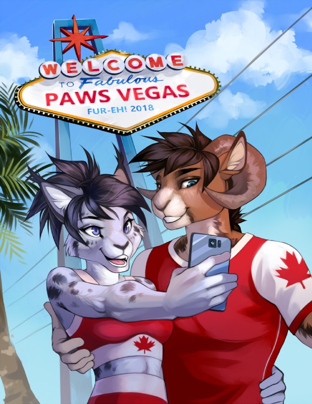 black_hair blue_eyes brown_body brown_fur brown_hair canadian clothed clothing cloud conbook convention female fur fureh googie_aesthetic hair horn las_vegas male maple_leaf open_mouth paws purple_eyes selfie sign sky smile teeth white_body white_fur demicoeur bovid caprine domestic_cat felid feline felis mammal 2018 cover digital_media_(artwork) hi_res shaded