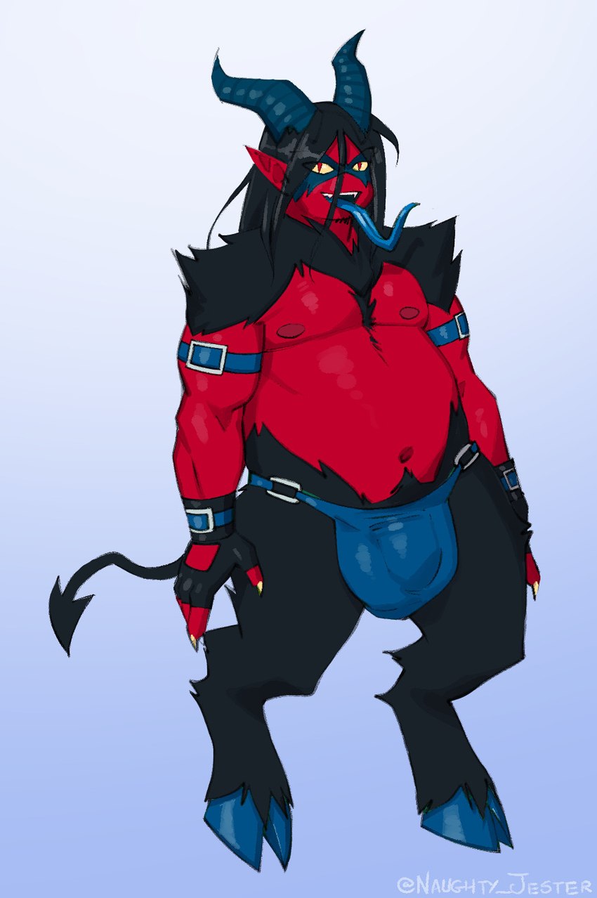 big_bulge biped black_body black_fur black_hair blue_background bulge chin_tuft clothing cloven_hooves curved_horn detailed_bulge facial_tuft fangs fingerless_gloves fur genital_outline gloves hair half-closed_eyes handwear holidays hooves horn humanoid_pointy_ears long_hair long_tongue male narrowed_eyes open_mouth open_smile penis_outline pointy_ears red_body red_skin simple_background slightly_chubby slightly_chubby_humanoid slightly_chubby_male smile solo spade_tail tail teeth thong tongue tuft underwear unguligrade yellow_sclera naughtyjester christmas krampus demon demon_humanoid humanoid 2022 hi_res