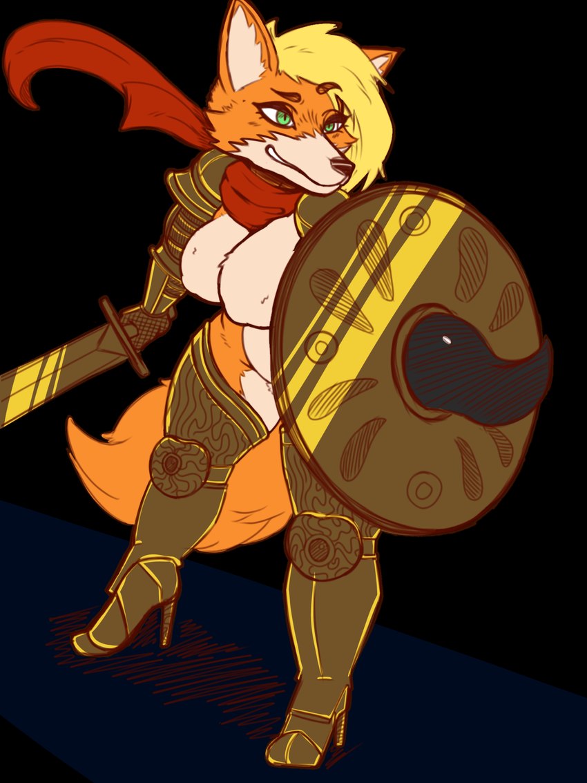 anthro armor blonde_hair boots breasts clothing female footwear fur hair high_heeled_boots high_heels legwear melee_weapon orange_body orange_fur scarf shield shoes solo sword thigh_boots thigh_highs three-quarter_view weapon bell_crd izalith_neferith canid canine fox mammal 3:4 alpha_channel hi_res