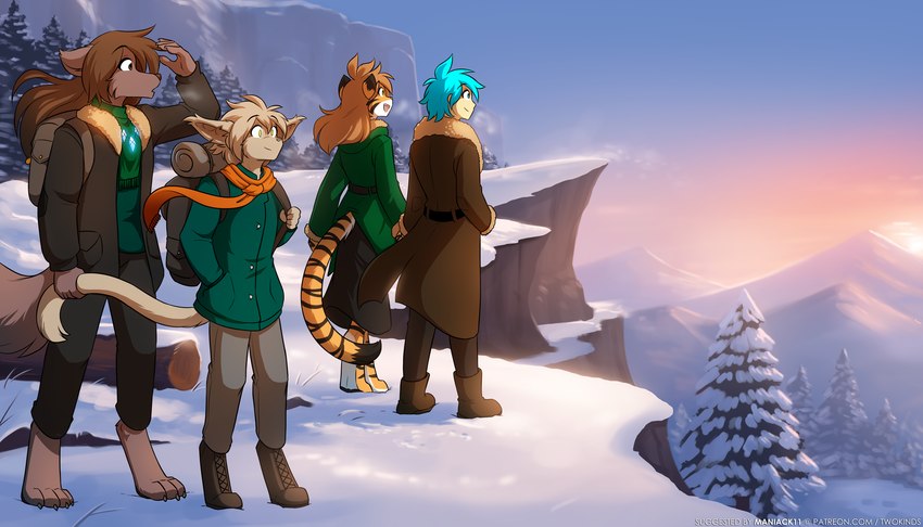 anthro backpack barefoot boots bottomwear cliff clothed clothing coat detailed_background digitigrade evergreen_tree feet female footwear fully_clothed group hair hand_holding hand_in_pocket hiking holding_tail jacket long_ears long_hair long_skirt looking_forward male male/female markings mountain open_mouth open_smile pants plant pockets scarf shoes skirt smile snow snowflake striped_body striped_markings striped_tail stripes tail tail_markings topwear tree conditional_dnp tom_fischbach twokinds flora_(twokinds) keith_keiser natani trace_legacy basitin canid canine canis felid human keidran mammal pantherine tiger wolf 2024 7:4 adobe_photoshop_(artwork) digital_media_(artwork) hi_res trans_(lore) trans_man_(lore)