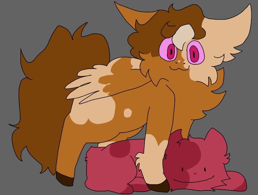 ambiguous_gender brown_body brown_feathers brown_fur brown_hooves brown_mane brown_tail dot_eyes duo feathered_wings feathers feral fur grey_background hooves looking_at_viewer lying mane on_front pink_sclera red_eyes simple_background smile standing tail unguligrade wings wandomness fluffy_pony mythology equid equine fluffy_pony_(species) jellenheimer mammal mythological_creature mythological_equine pegasus 2022 digital_drawing_(artwork) digital_media_(artwork) flat_colors