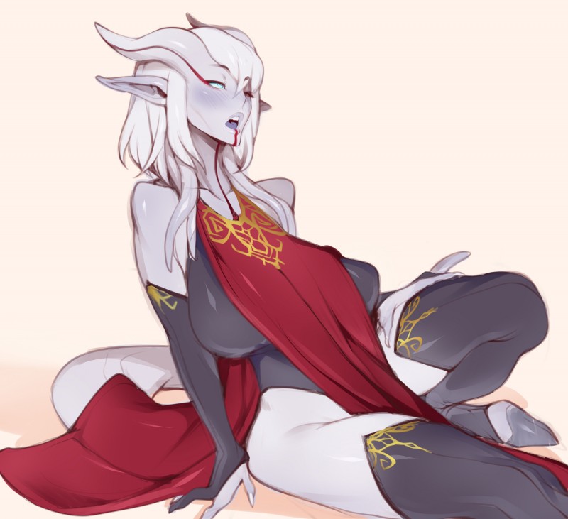 big_breasts blue_eyes blue_tongue blush breasts clothed clothing female hair hooves horn open_mouth simple_background sitting solo teeth tongue white_hair venusflowerart blizzard_entertainment warcraft draenei humanoid absurd_res hi_res