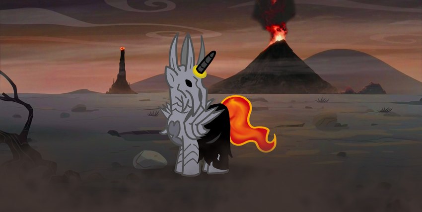 armor feral fire horn male mountain ring solo tail tower cafe-grimful hasbro j._r._r._tolkien middle-earth_(tolkien) my_little_pony mythology the_lord_of_the_rings sauron_(tolkien) equid equine horse mammal mythological_creature mythological_equine pony unicorn hi_res