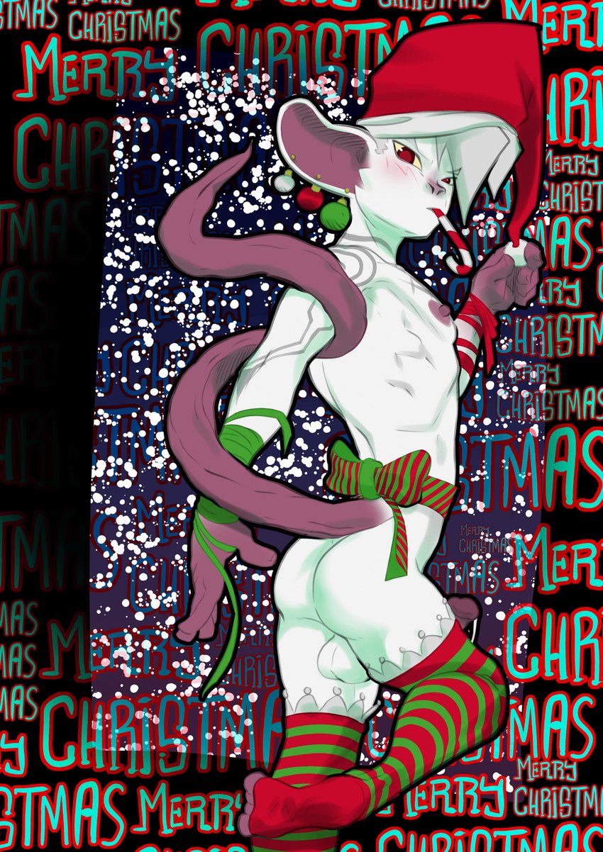 albino alternative_fashion anthro balls blush blush_stickers bow_ribbon butt candy candy_cane christmas_clothing christmas_headwear christmas_lingerie clothing dessert ear_piercing erection food fur genitals hair half-closed_eyes hat headgear headwear holidays humanoid_genitalia humanoid_penis legwear lingerie male narrowed_eyes pattern_clothing pattern_legwear pattern_stockings penis perineum piercing pink_body pink_skin punk santa_hat solo stockings striped_clothing striped_legwear striped_stockings stripes text white_body white_fur white_hair yellow_sclera vonboche christmas larsen_(vonboche) mammal murid murine rat rodent english_text hi_res