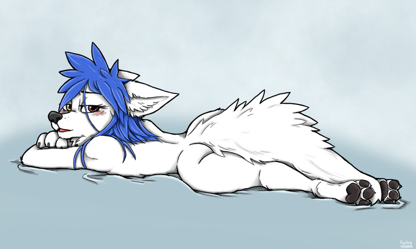 3_toes 4_fingers anthro blue_hair blush brown_eyes butt curvy_figure feet female fingers fur hair nude pawpads solo tasteful tasteful_nudity toes white_body white_fur yellow_eyes ziegelzeig bad_guy_cafe mia_(smneff) arctic_fox canid canine fox mammal true_fox