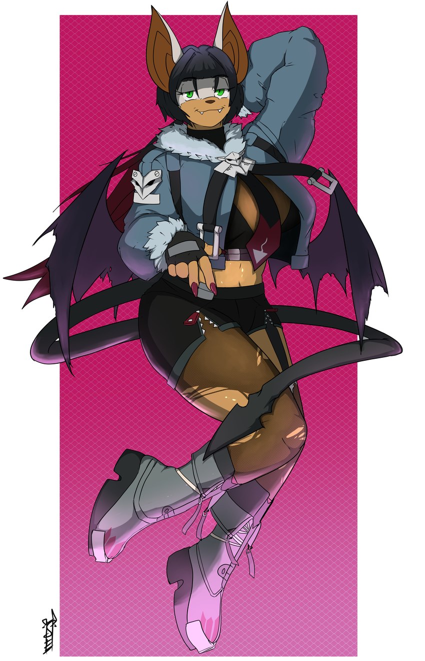 anthro bat_wings big_breasts black_hair boots bottomwear breasts cleavage clothed clothing colored_nails cosplay crossover_cosplay fangs female fingerless_gloves footwear gloves green_eyes hair half-closed_eyes hand_behind_head handwear hotpants jacket latina legwear long_nails long_socks looking_at_viewer membrane_(anatomy) membranous_wings nails narrowed_eyes pose raised_arm rat_tail red_nails shoes shorts simple_background smile solo stockings tail tan_body tan_skin teeth thick_thighs topwear torn_clothing torn_legwear torn_stockings wings simpleesteban mihoyo sega sonic_the_hedgehog_(series) zenless_zone_zero jane_doe_(zenless_zone_zero) rouge_the_bat bat mammal absurd_res crossover full-length_portrait hi_res huge_filesize pinup portrait signature