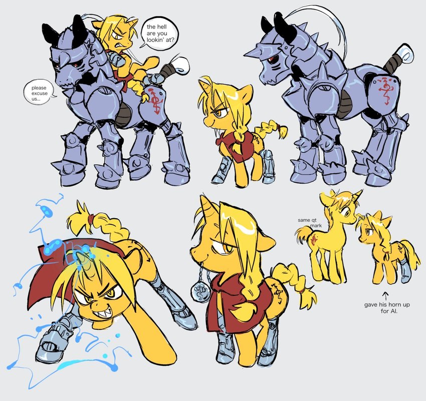 dialogue duo feral horn machine male mechanical_arm ponification text dokudrinker fullmetal_alchemist hasbro my_little_pony mythology alphonse_elric edward_elric equid equine mammal mythological_creature mythological_equine robot unicorn 2019 crossover english_text hi_res brother_(lore) brothers_(lore) sibling_(lore)