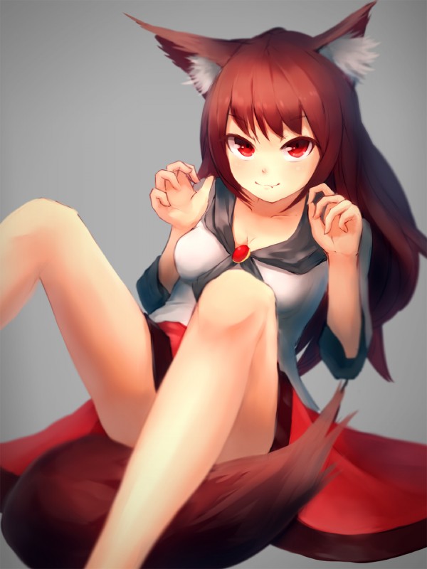 brooch brown_hair clothing dress fangs female grey_background hair jewelry long_hair long_sleeves looking_at_viewer red_eyes simple_background sitting smile solo teeth wolf_tail shone mythology touhou kagerou_imaizumi animal_humanoid canid canid_humanoid canine canine_humanoid canis humanoid mammal mammal_humanoid mythological_canine mythological_creature werecanid werecanine werecreature werewolf wolf wolf_humanoid 3:4 hi_res