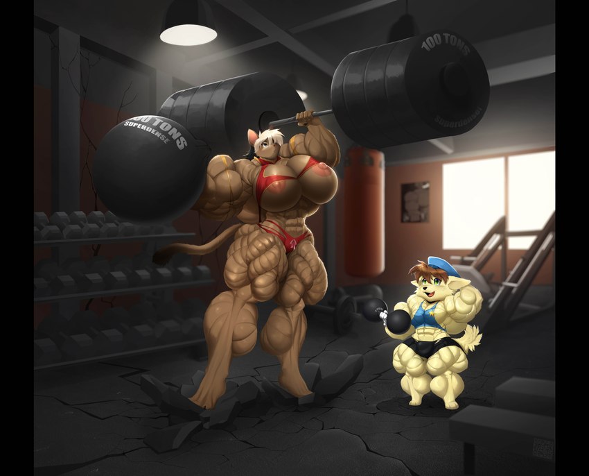 abs anthro barbell biceps big_muscles breasts duo female gym huge_muscles hyper hyper_muscles male male/female muscular muscular_anthro muscular_female muscular_male strength lolitiaowo cyberconnect2 little_tail_bronx tail_concerto alicia_pris waffle_ryebread canid canine caninu canis domestic_cat domestic_dog felid feline felineko felis mammal 2024 absurd_res hi_res superabsurd_res