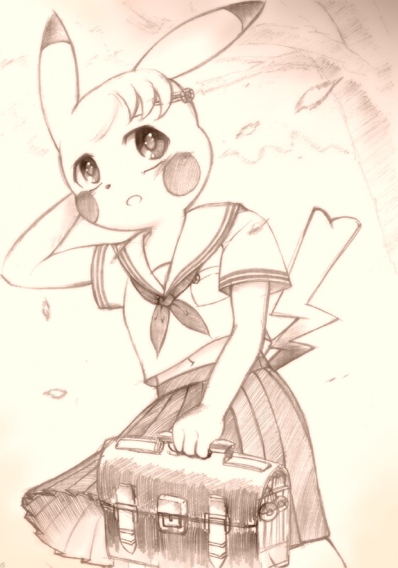 adolescent anthro anthrofied biped bottomwear briefcase cleft_tail clothing female navel pleated_skirt pokemorph shirt skirt solo standing tail topwear wind young g-sun nintendo pokemon generation_1_pokemon mammal pikachu pokemon_(species) rodent hi_res monochrome