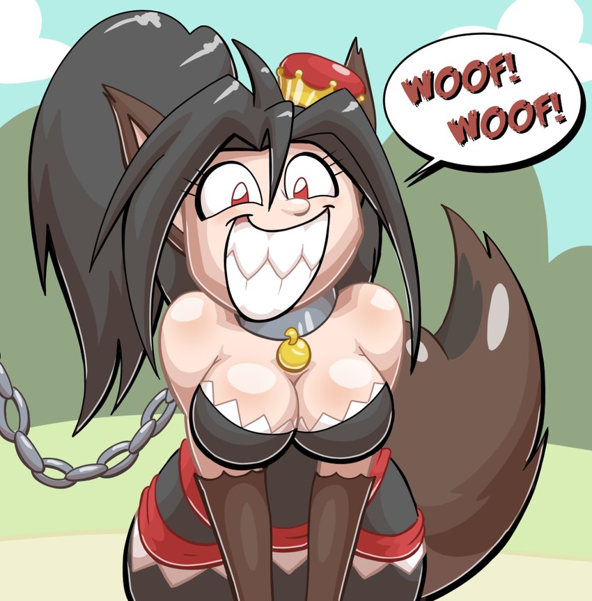anthro black_hair breasts chained_collar cleavage clothed clothing crown eyelashes female gloves grin hair handwear headgear looking_at_viewer outside red_eyes smile solo super_crown tail tempestryder mario_bros nintendo chain_chomp