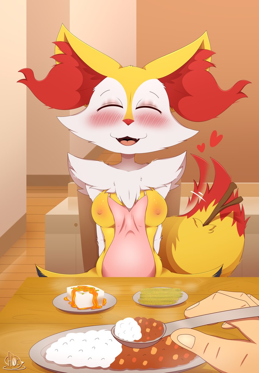 anthro apron apron_only blush breasts clothing dipstick_tail duo female first_person_view food fur housewife inner_ear_fluff male male/female markings nipple_slip nipples red_nose tail tail_markings tail_motion tailwag tuft white_body white_fur wife highoncoffee nintendo pokemon braixen canid canine generation_6_pokemon human mammal pokemon_(species) absurd_res hi_res