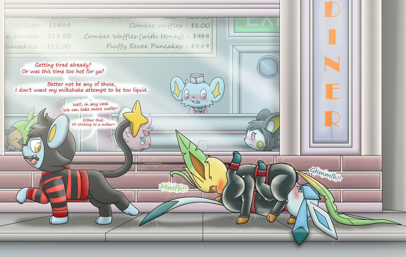 69_position bdsm blush bondage bound dialogue diner exhibitionism female feral forced forced_oral group humiliation latex male oral public public_humiliation public_sex restaurant sex text walking charly-sparks nintendo pokemon charlx chespin eeveelution emolga generation_4_pokemon generation_5_pokemon generation_6_pokemon glaceon leafeon luxio minccino pokemon_(species) shinx english_text hi_res